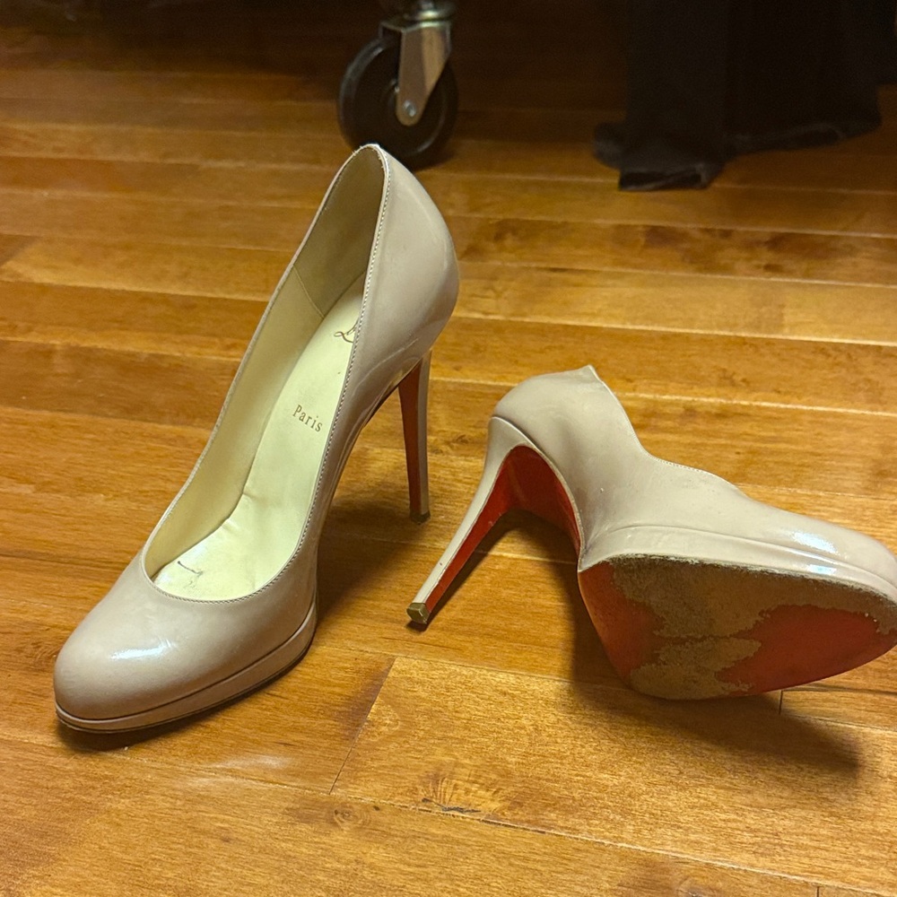 Christian Louboutin Nude Patent Leather Platform Pumps with Red Soles